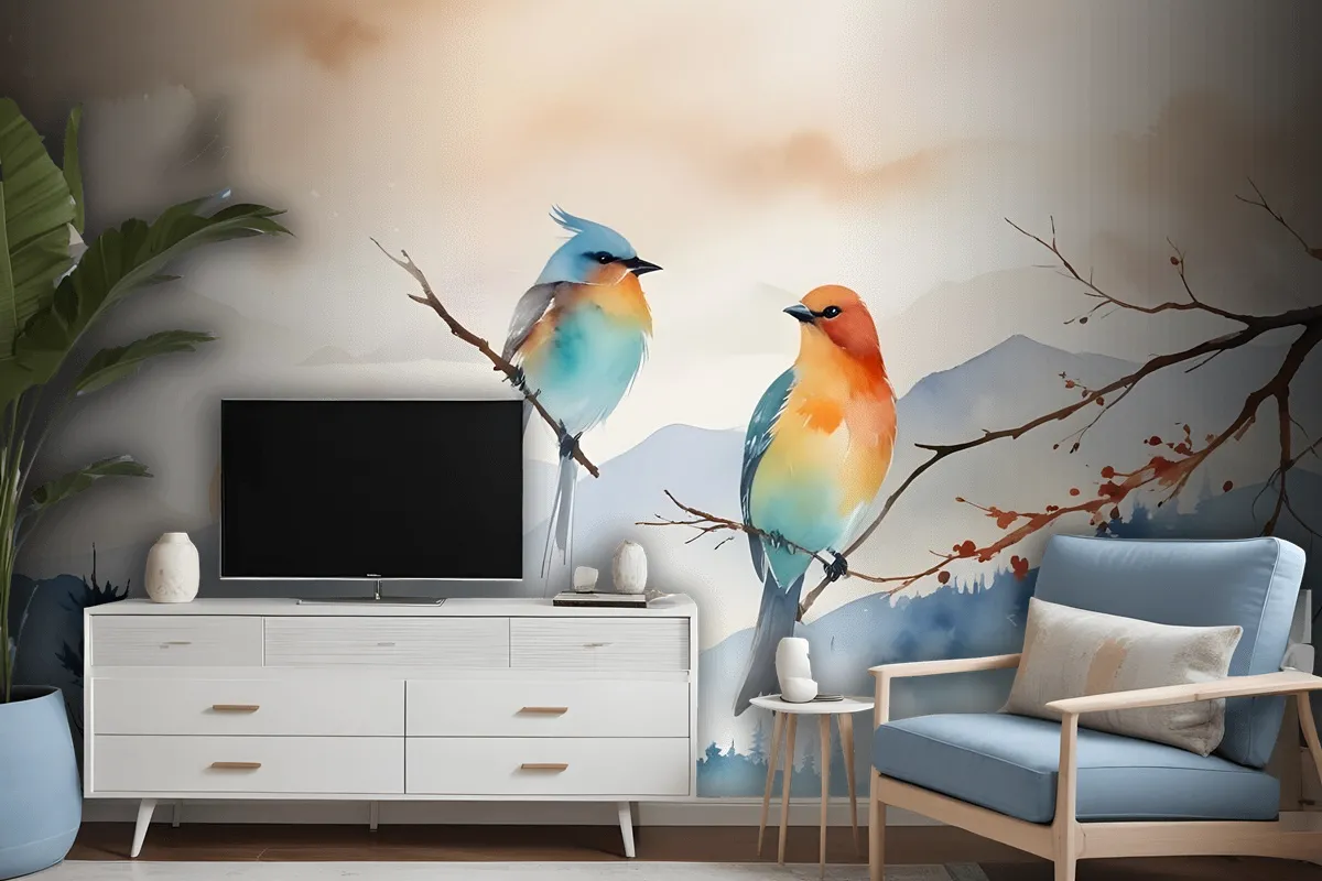 Watercolor Winter Landscape And Colorful Bird Wallpaper Mural