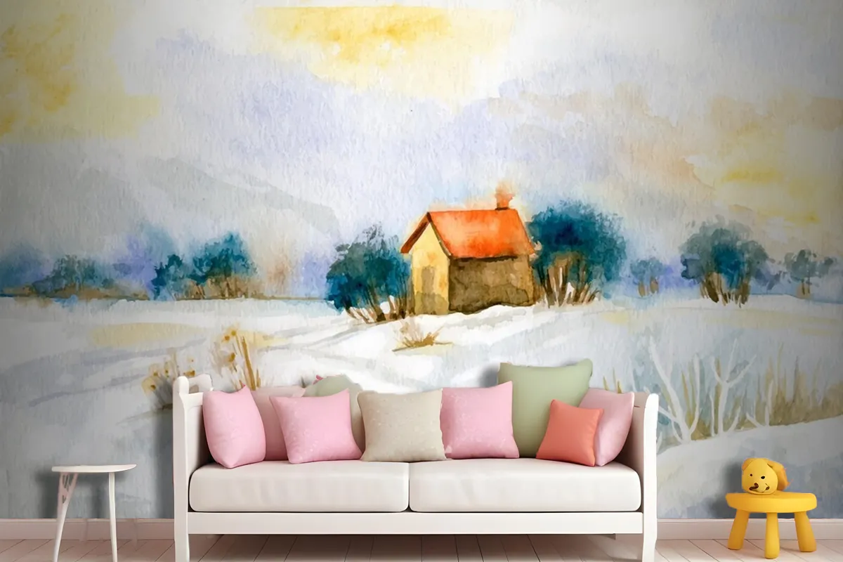 Watercolor Winter Landscape Girl Wallpaper Mural