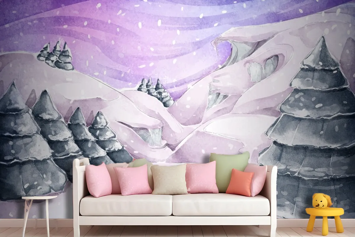 Watercolor Winter Landscape With Pines Wallpaper Mural