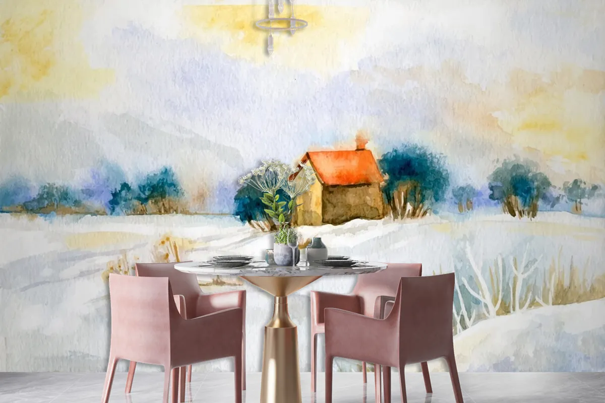 Watercolor Winter Landscape Wallpaper Mural