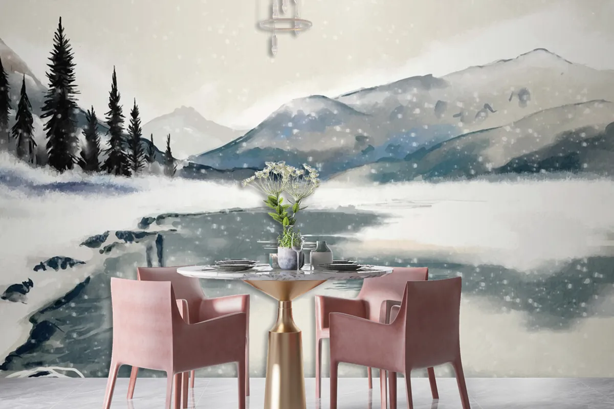 Watercolor Winter Landscape Dining Room Wallpaper Mural