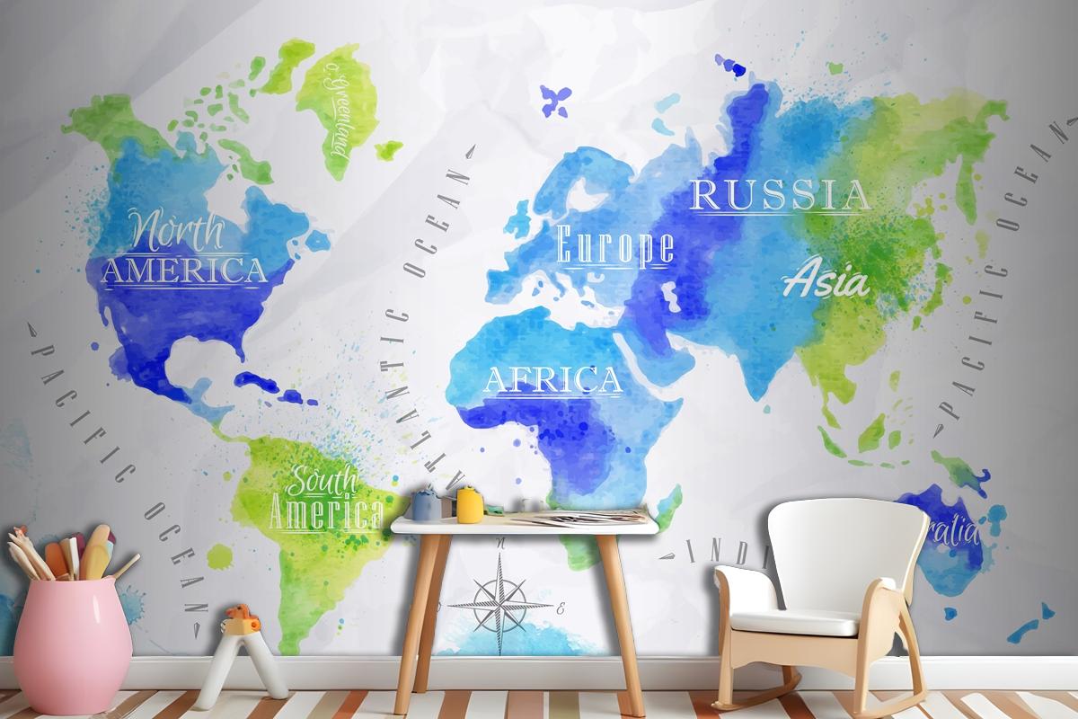 Watercolor World Map Kids Wallpaper Mural