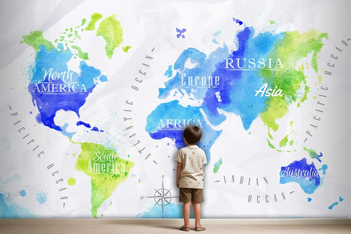 Watercolor World Map Kids Wallpaper Mural