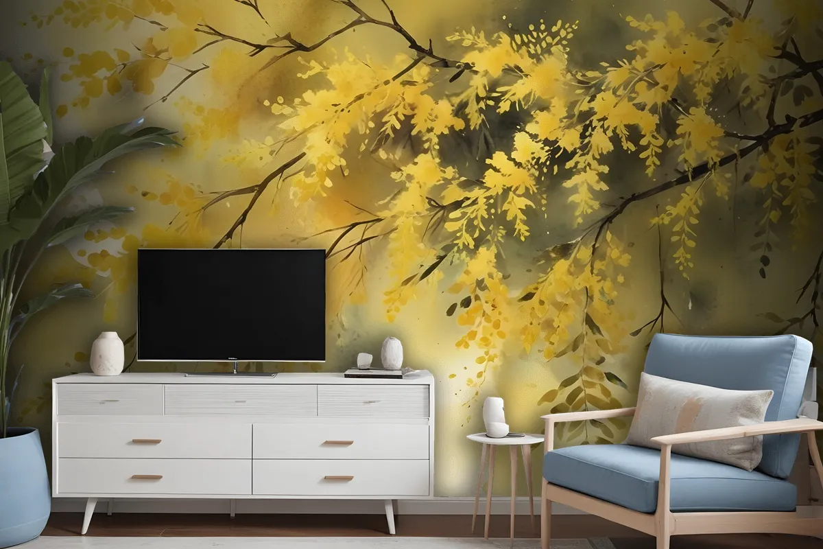 Watercolor Yellow Tree Landscape Wallpaper Mural