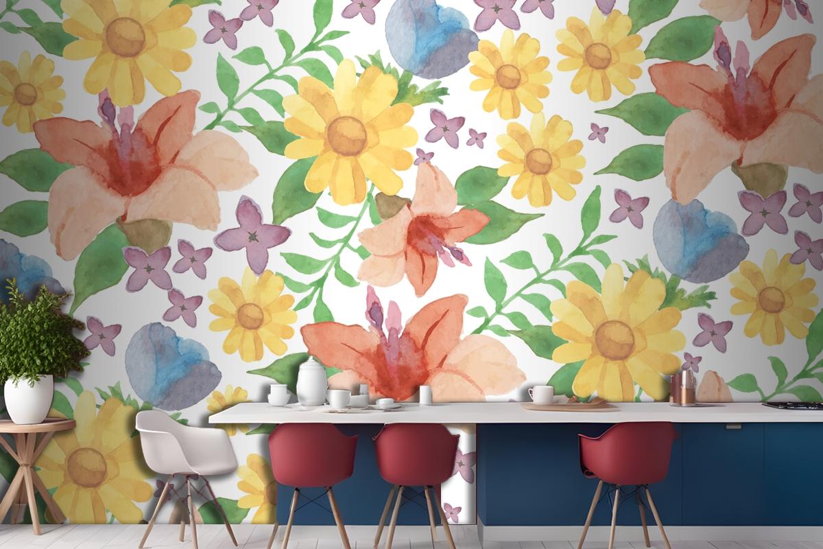 Watercolour Floral Background With Lilies Wallpaper Mural