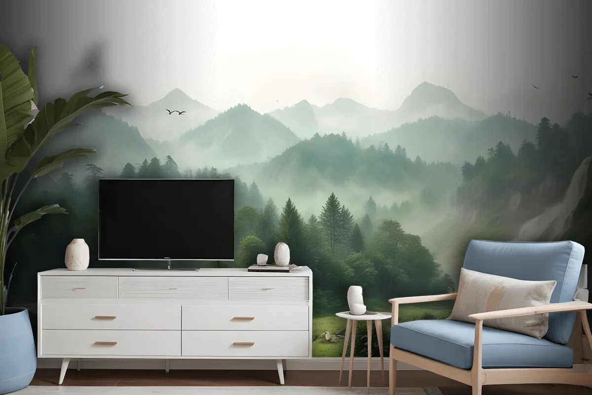 Waterfall With Misty Green Forest Landscape Wallpaper Mural