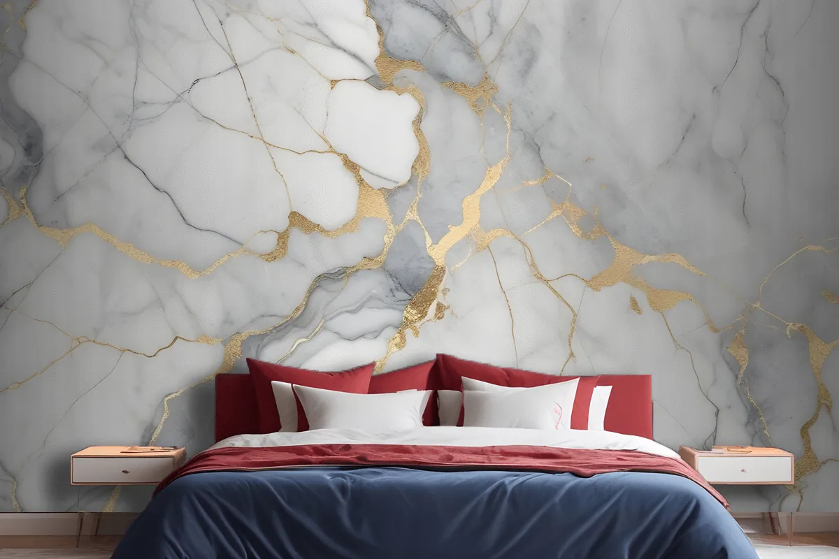 White And Gray Marble Texture With Golden Veins Wallpaper Mural