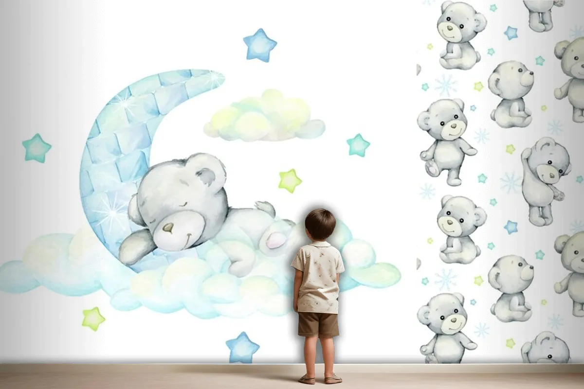 White Bear Sleeps On The Moon And Clouds Wallpaper Mural