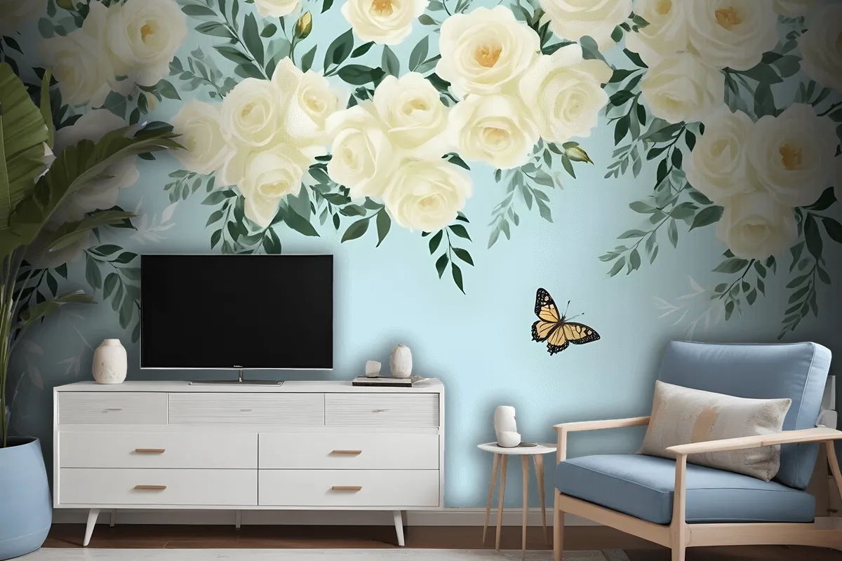 White Flowers And Yellow Butterfly Wallpaper Mural