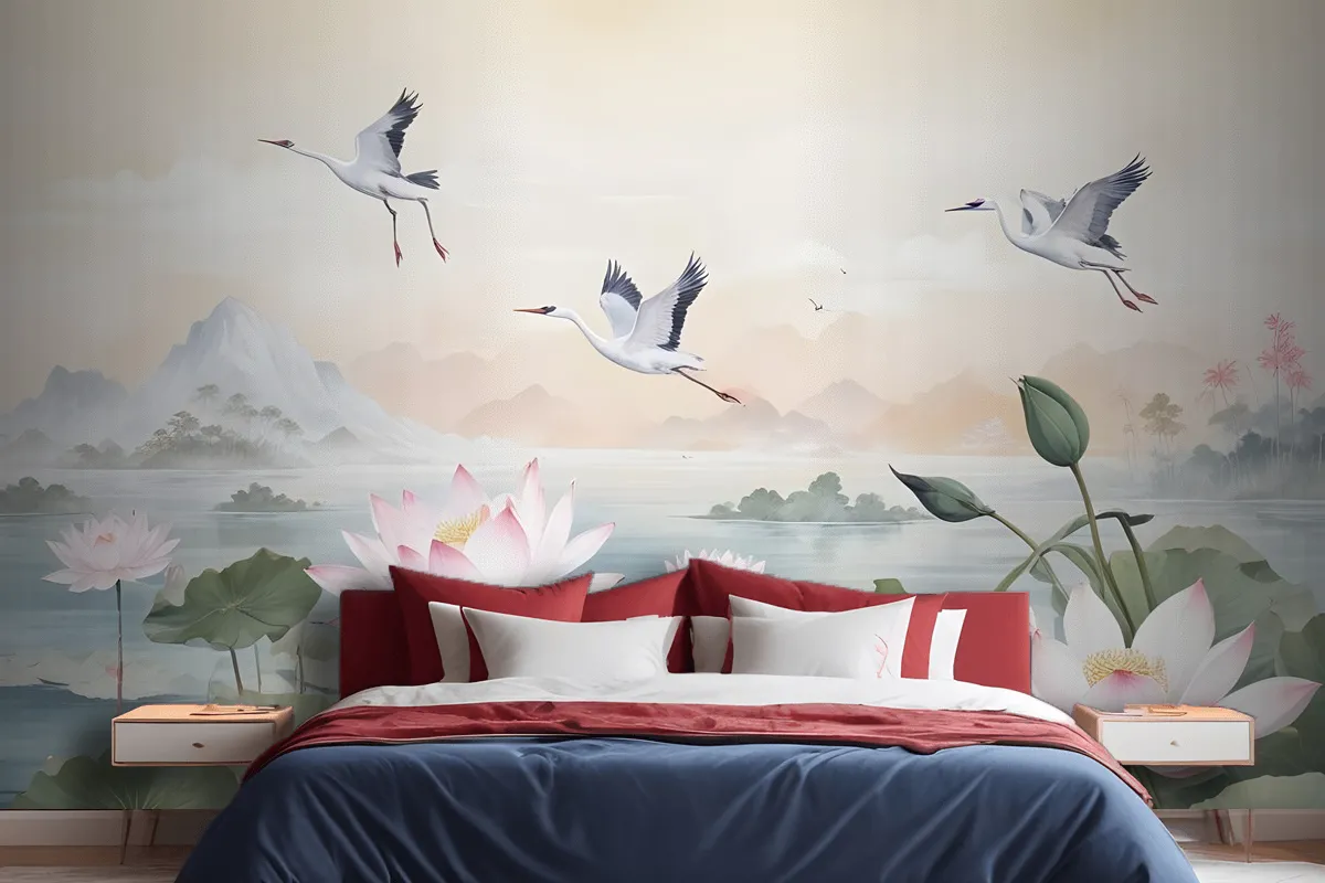 White Lotus Floral And Crane Birds Wallpaper Mural