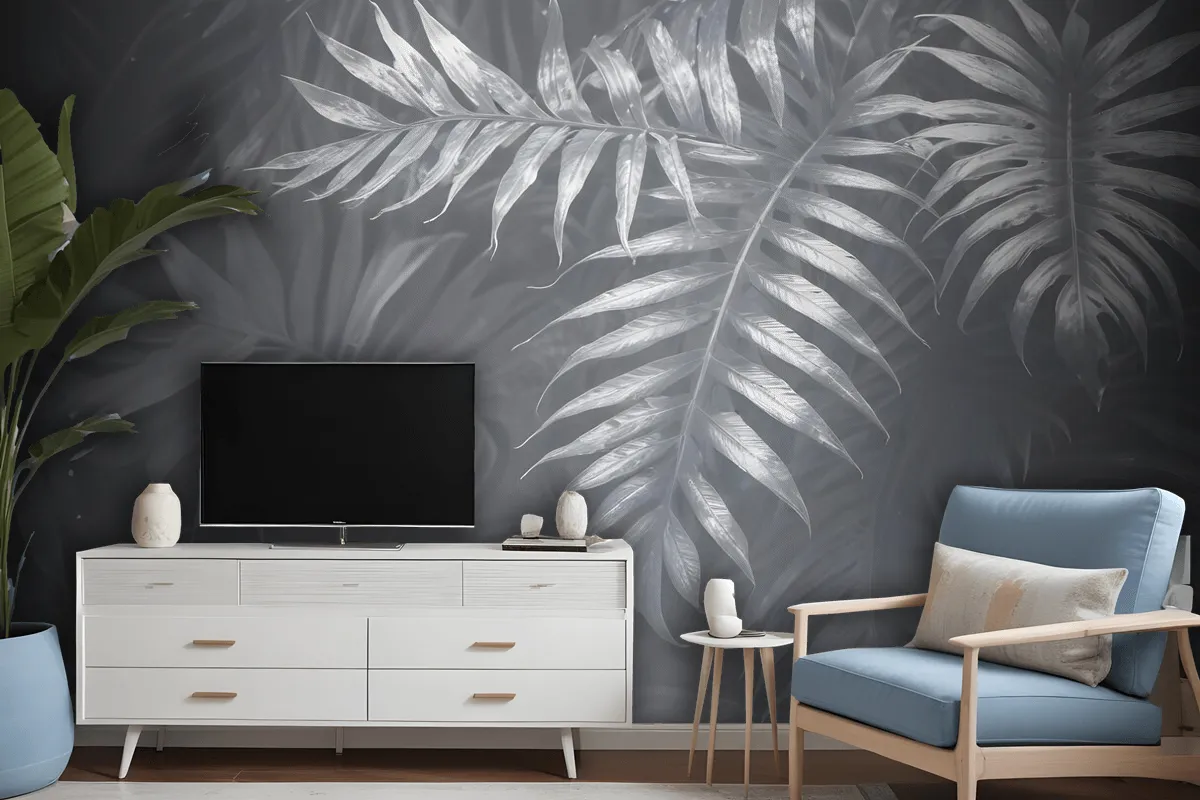 White Tropical Leafy Wallpaper Mural