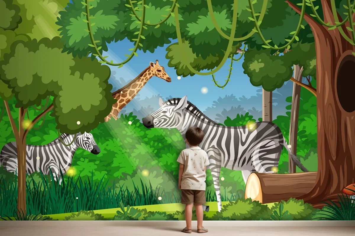 Wild Animals In Forest Landscape Wallpaper Mural