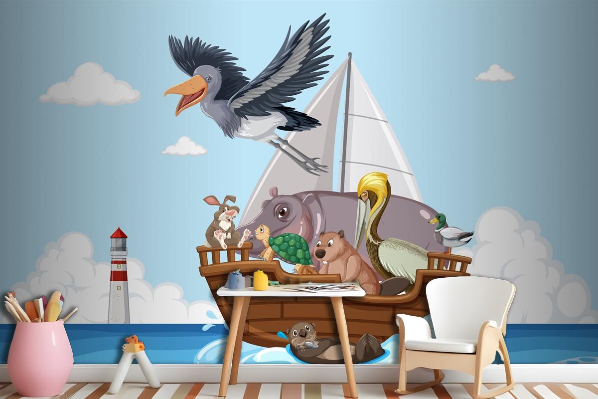 Wild Animals On A Boat Wallpaper Mural