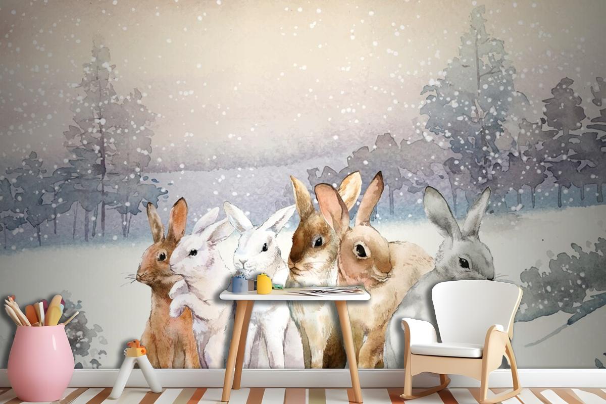 Wild Rabbits In The Winter Snow Painted By Watercolor Wallpaper Mural