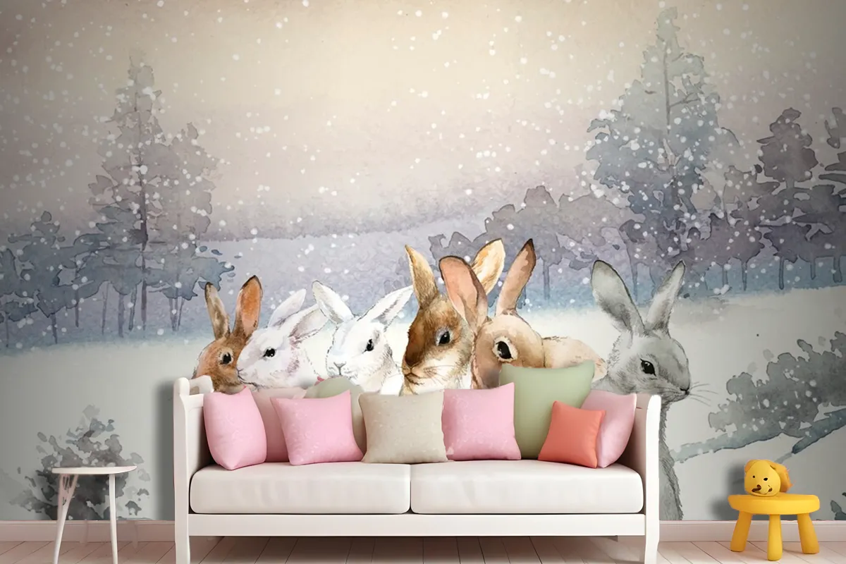 Wild Rabbits In The Winter Snow Painted By Watercolor Wallpaper Mural