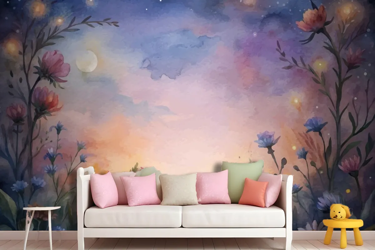 Wildflower Watercolor Background At Sunset Wallpaper Mural