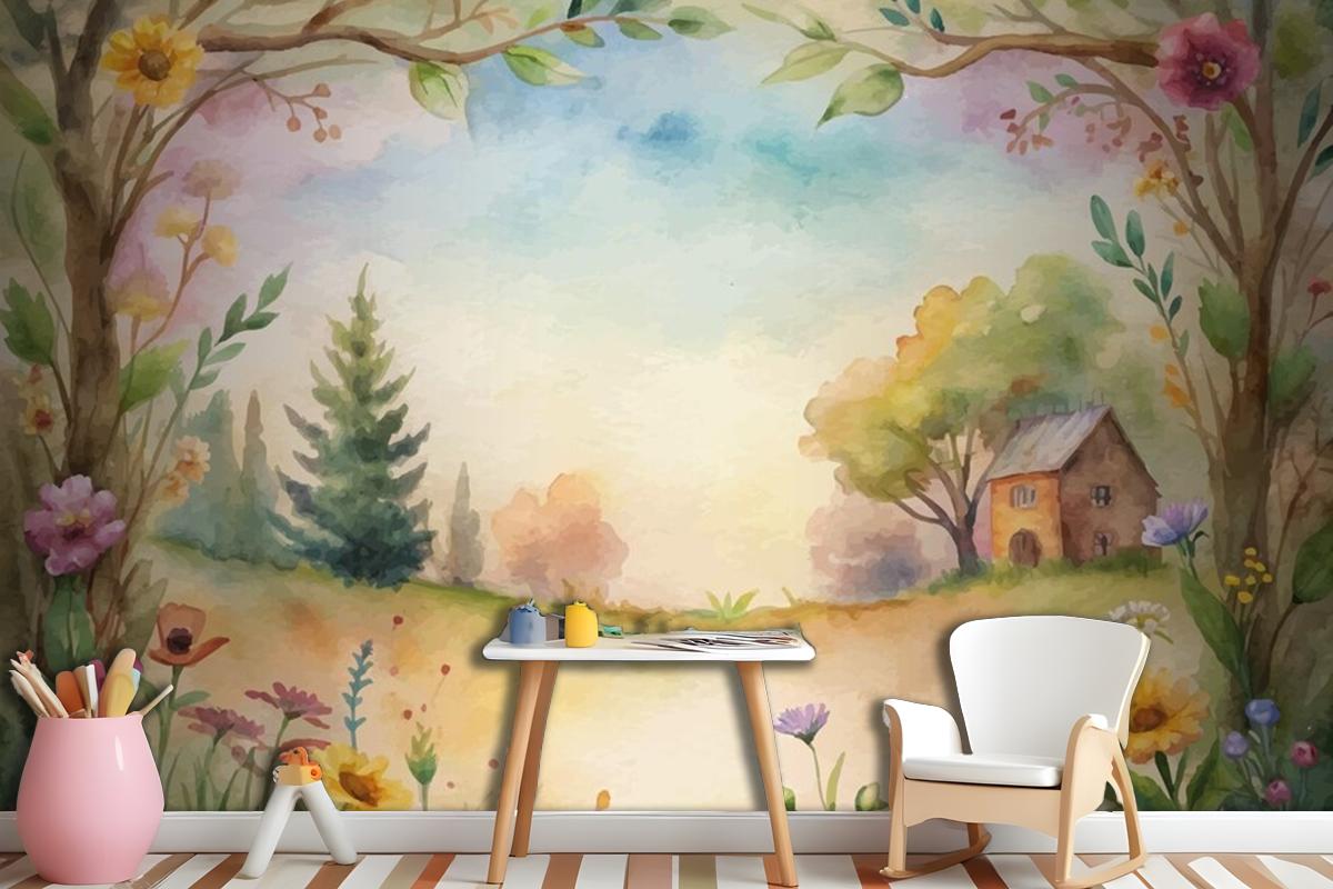 Wildflower Watercolor Background In The Countryside Wallpaper Mural