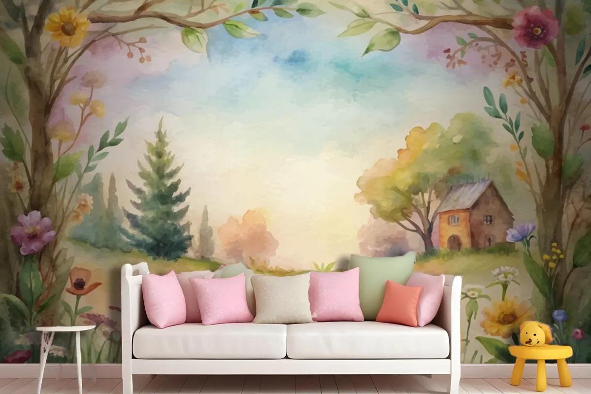 Wildflower Watercolor Background In The Countryside Wallpaper Mural