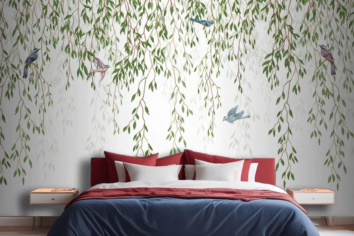 Willow Branches Hanging From Above With Birds On A White Background Wallpaper Mural