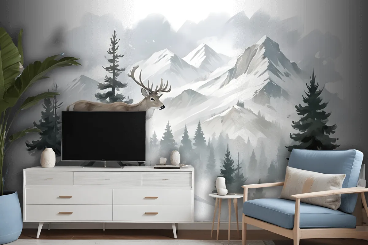 Winter Forest And Horned Deer Wallpaper Mural