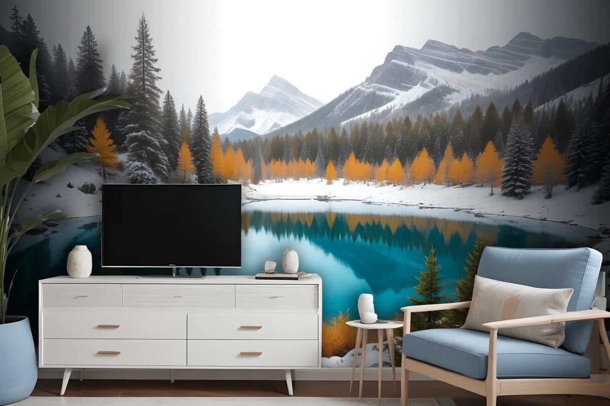 Winter Lake Landscape With Pine Forest Wallpaper Mural