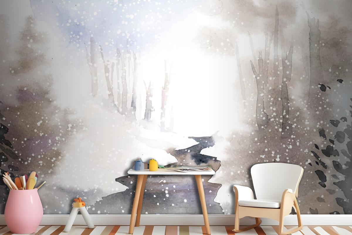 Winter Wonderland Landscape Painted By Watercolor Wallpaper Mural