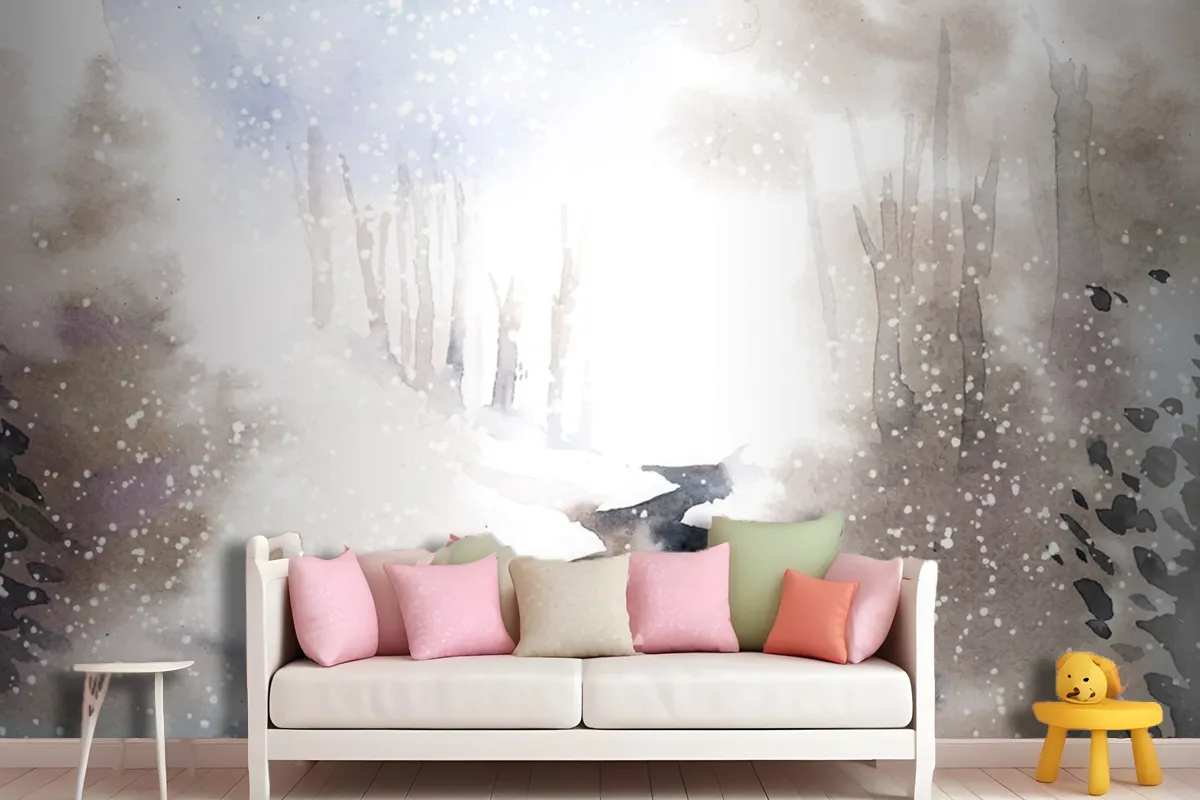 Winter Wonderland Landscape Painted By Watercolor Wallpaper Mural