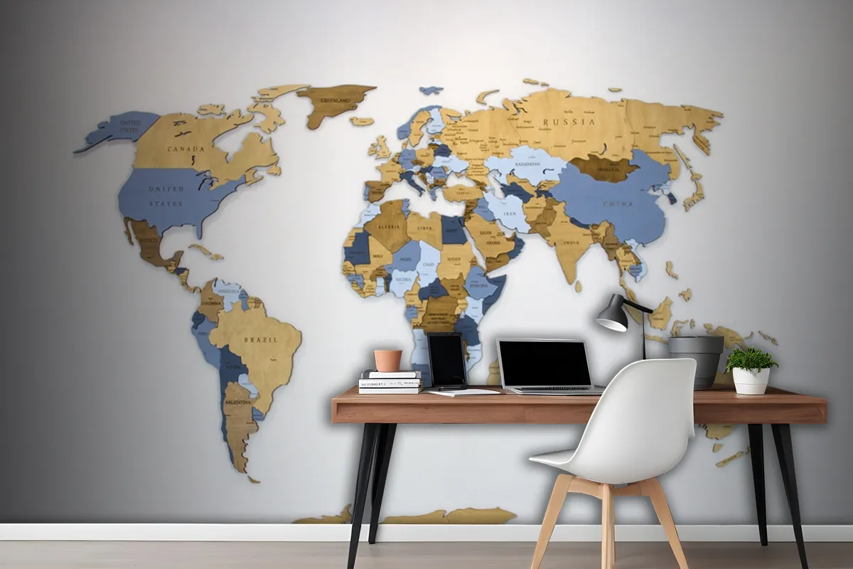 Wooden Color Multilayer World Map On A White Wallpaper Mural