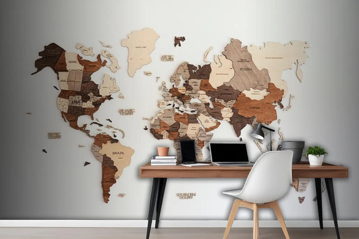 World Map Made Of Wood Crafts Wallpaper Mural