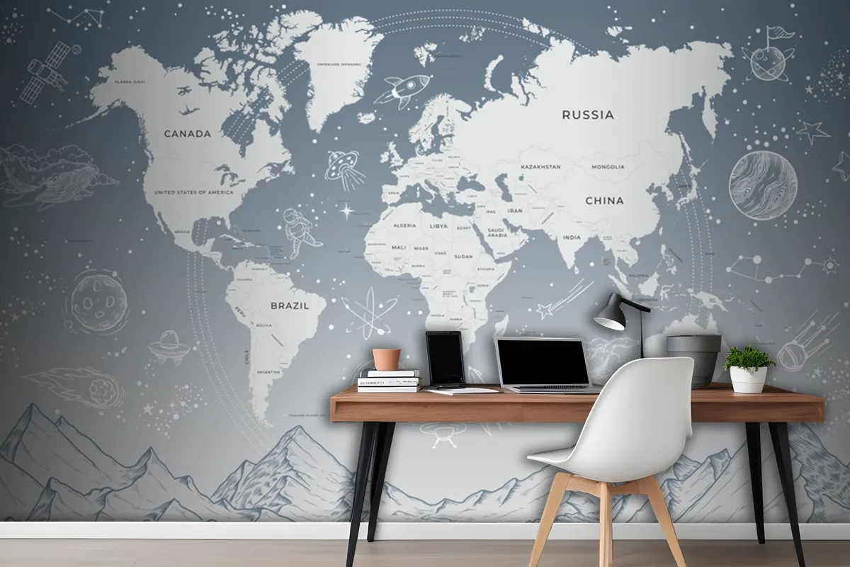 World Map Soft Blue Background Solar System Galaxy Space Wallpaper Mural