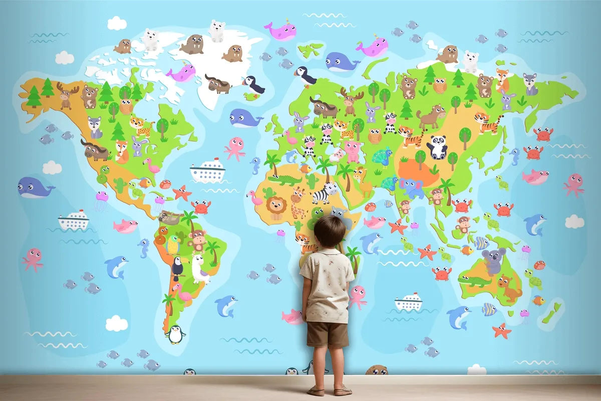 World Map With Animals For Kids Wallpaper Mural