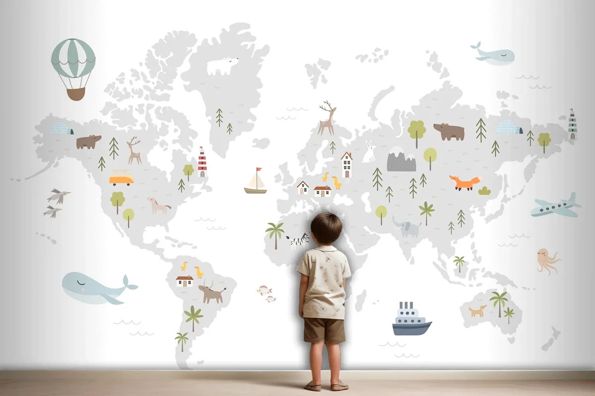 World Map With Animals Houses Nature Elements Wallpaper Mural