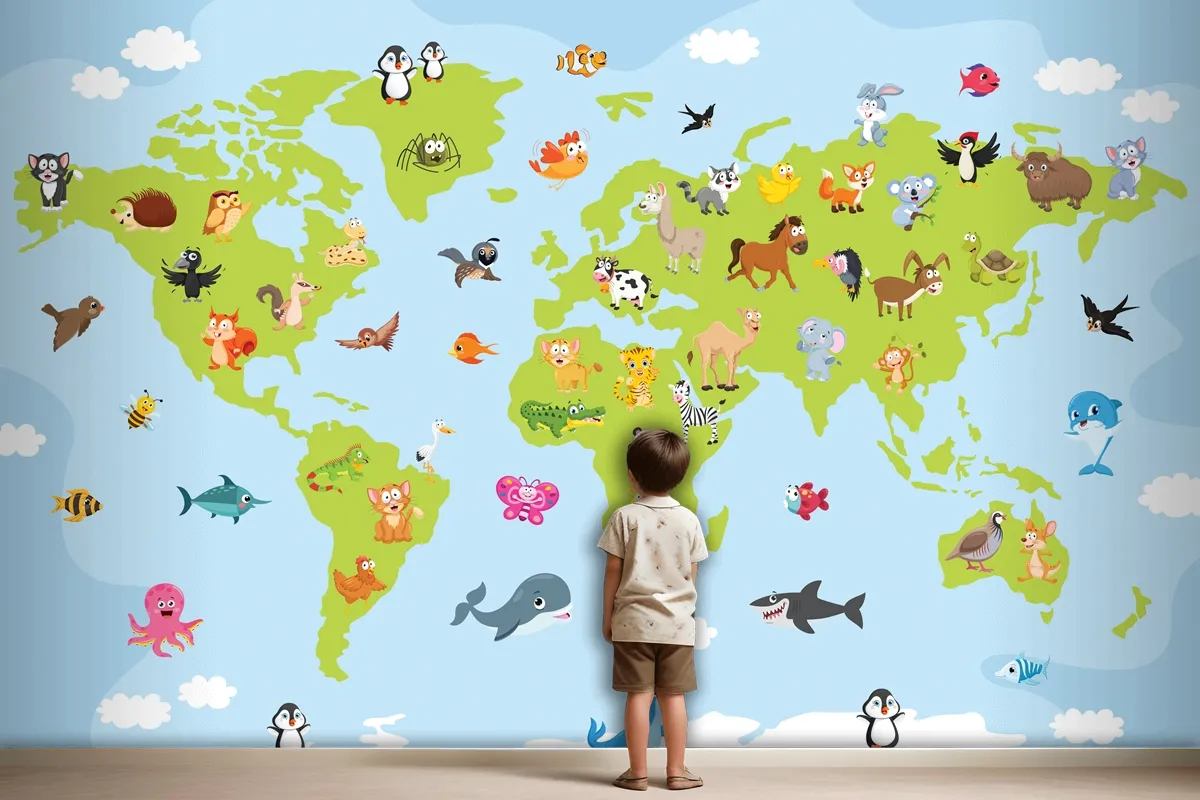 World Map With Cartoon Animals Wallpaper Mural