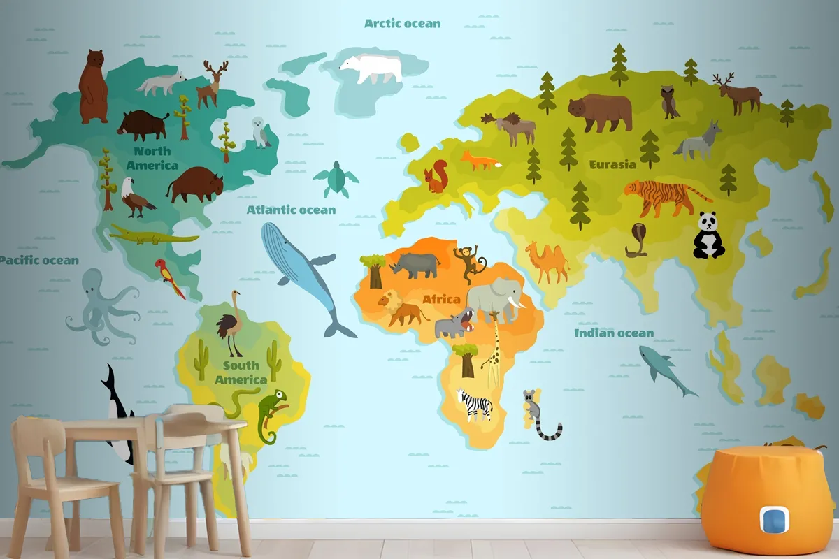 Funny Cartoon Animal World Map For Children With The Continents Wallpaper Mural