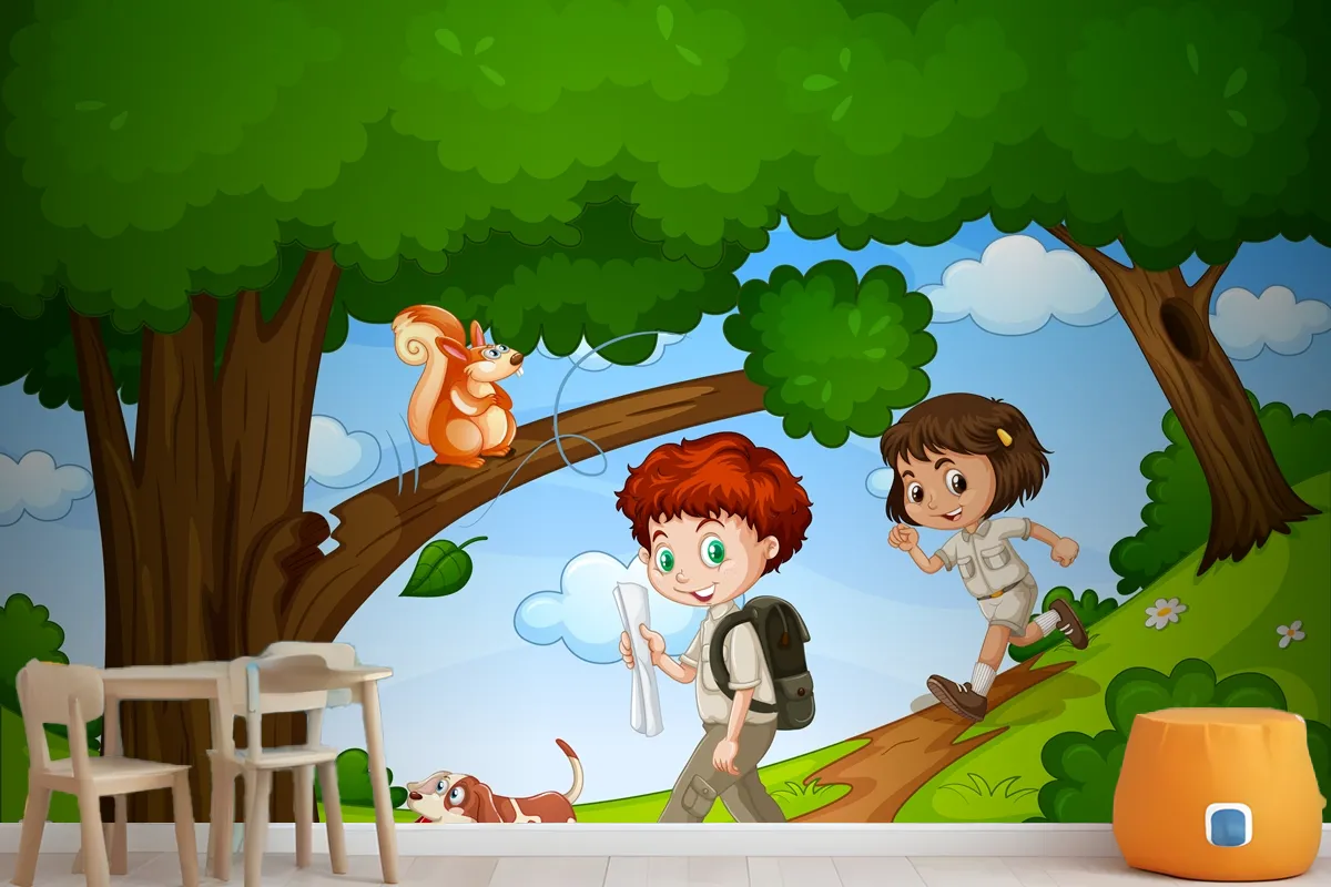 Boy And Girl Enjoy In The Park With Cute Animal Scene Wallpaper Mural