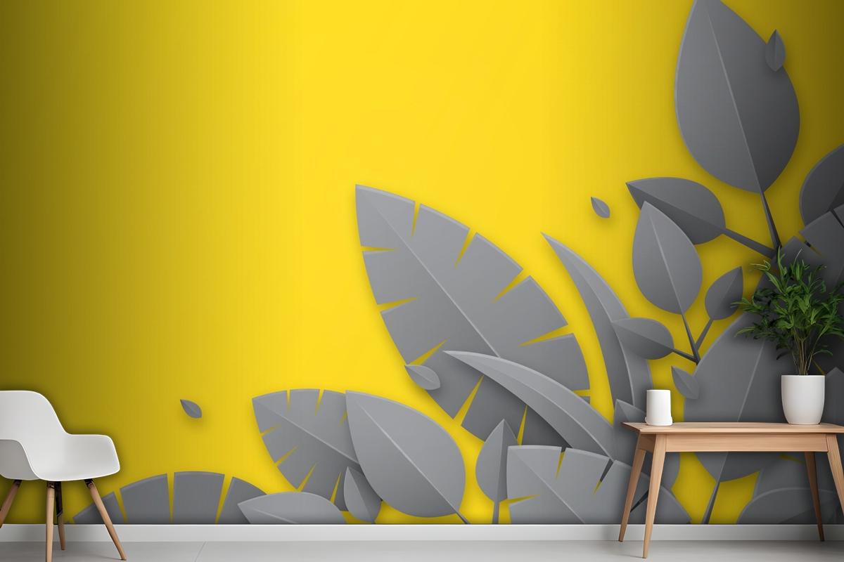 Yellow Background And Gray Leaves Office Wallpaper Mural