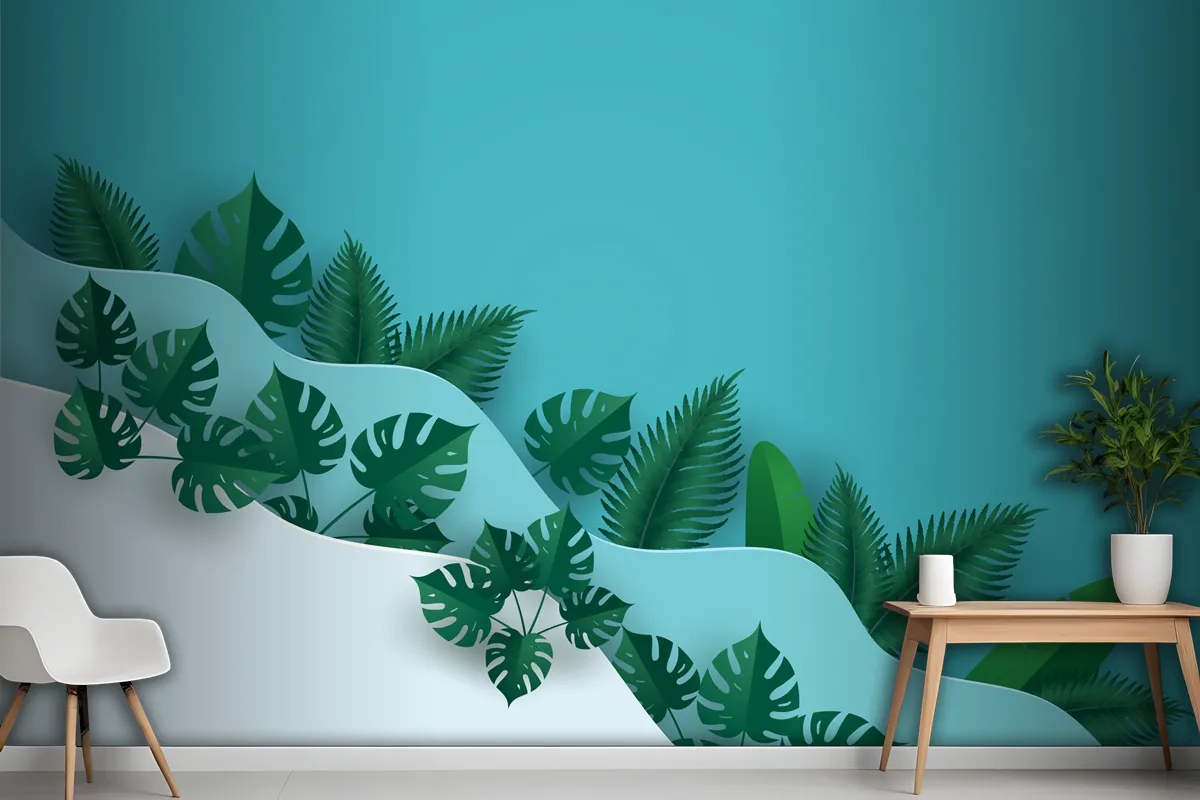 Green Leafs Or Foliage In Multi Wave Layer Wallpaper Mural