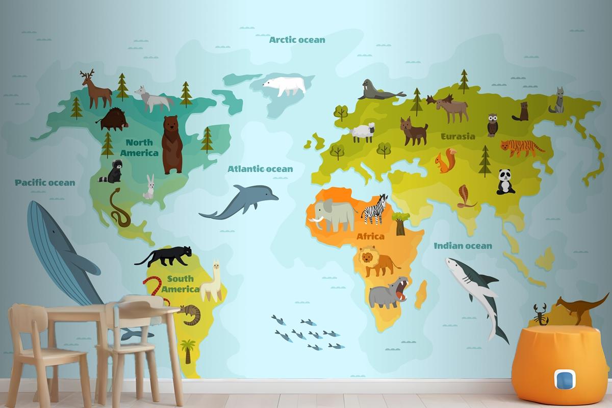 World Map With Different Animal Wallpaper Mural