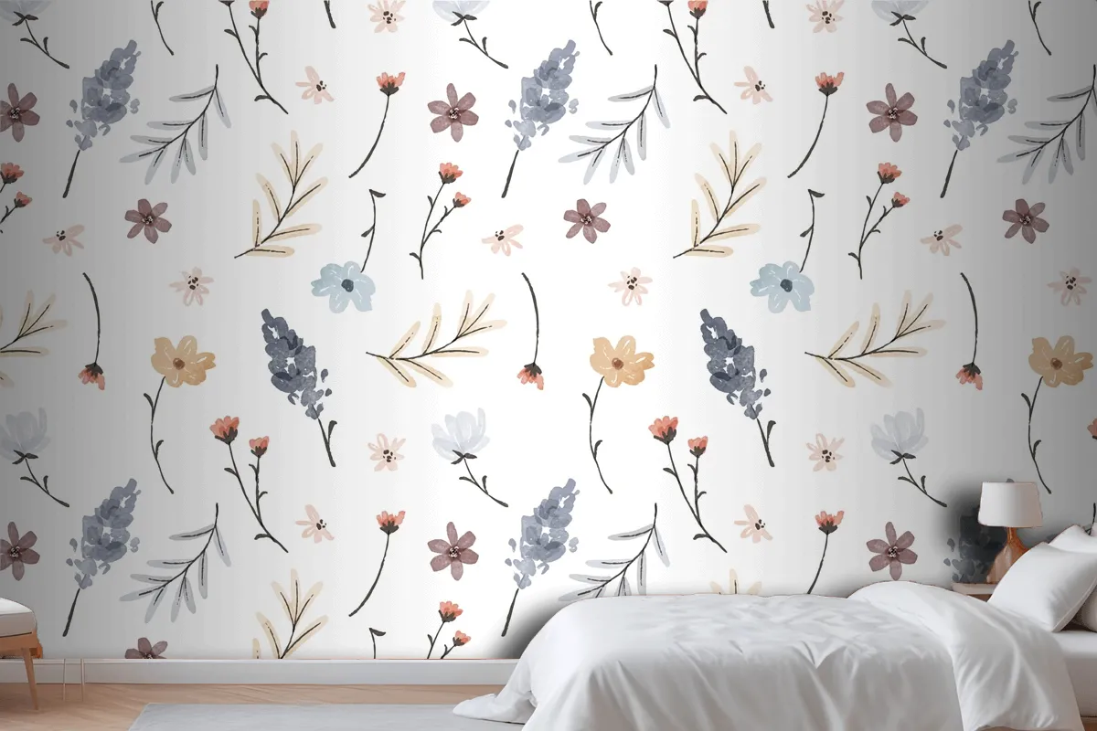 Hand Painted Watercolor Pressed Flowers Pattern Wallpaper Mural