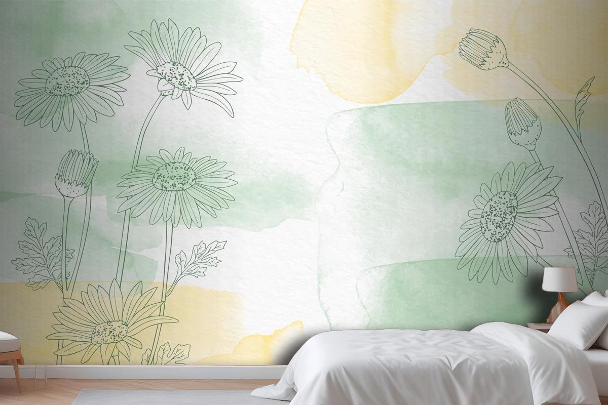 Hand Painted Background With Drawn Flowers Wallpaper Mural