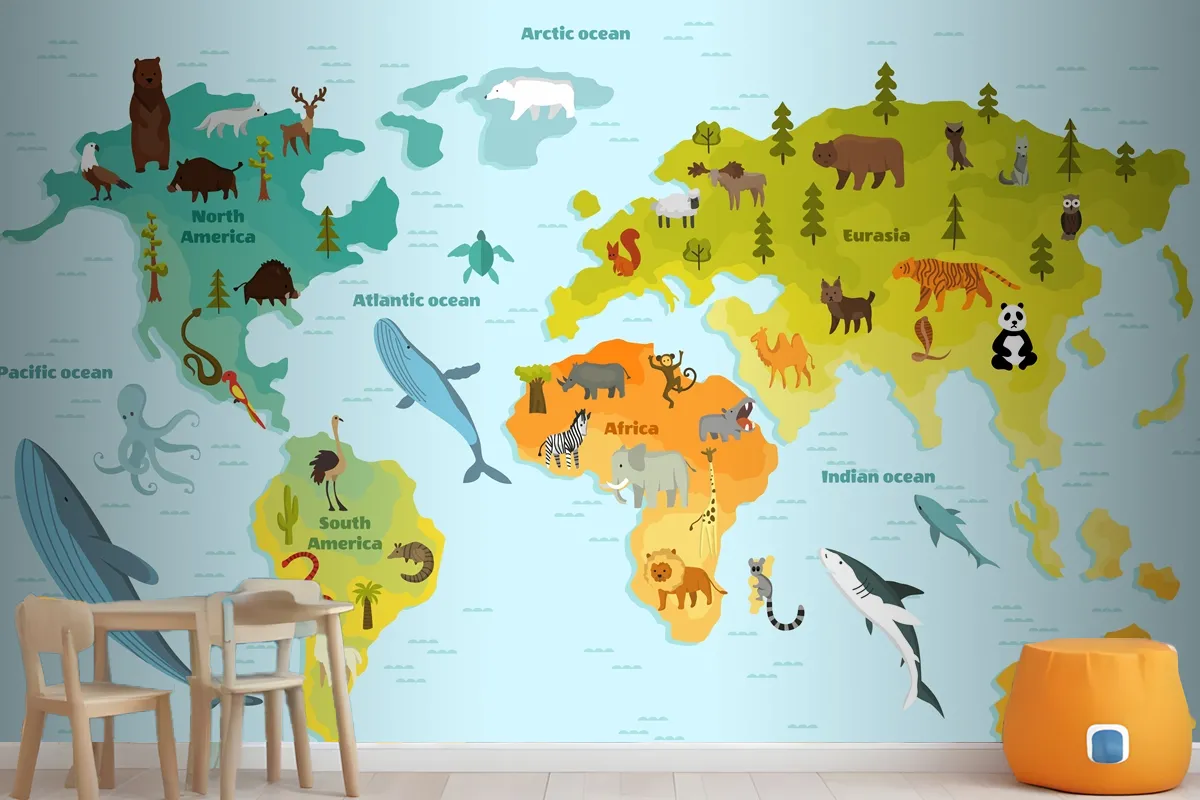 World Map With Different Animal Wallpaper Mural