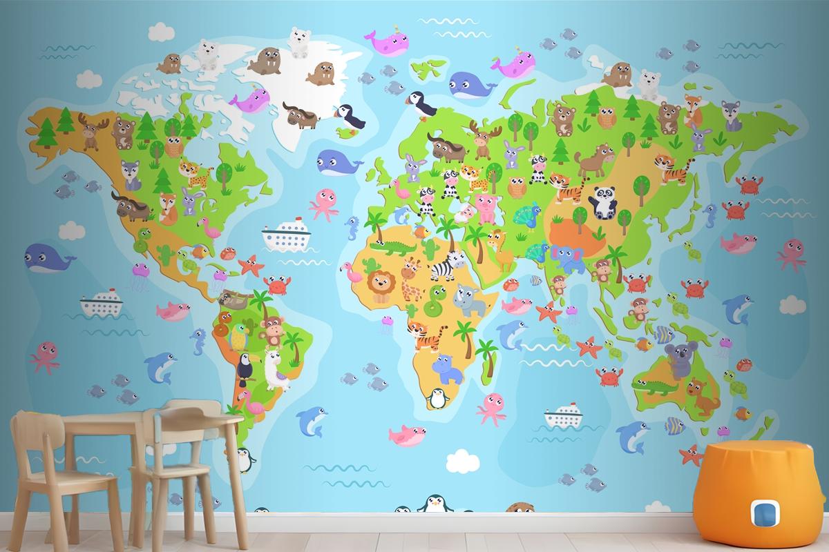  World Map With Animals For Kids Wallpaper Mural