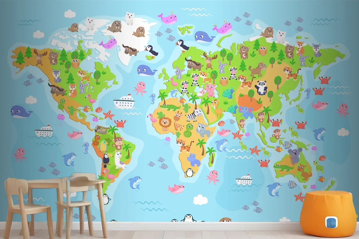  World Map With Animals For Kids Wallpaper Mural