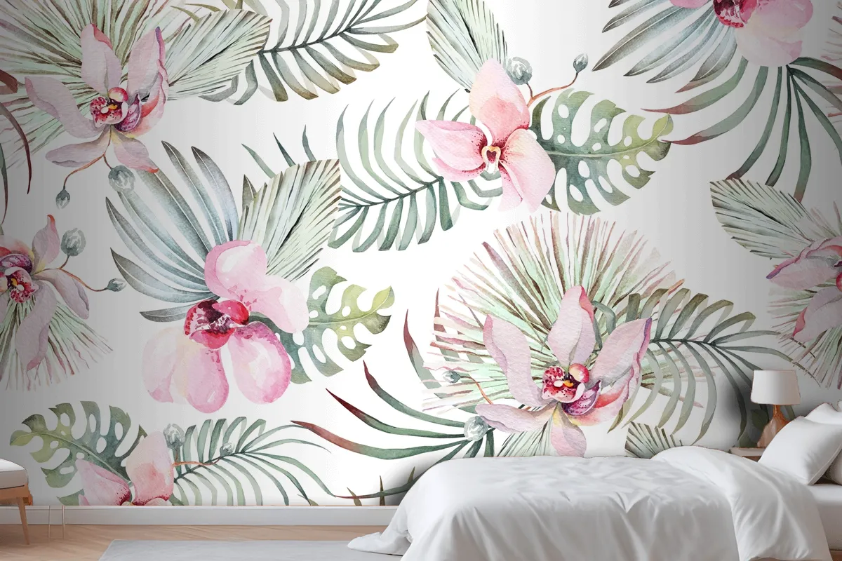 Seamless Pattern Of Tropical Plant Orchid And Flower For Fabric Wallpaper Mural