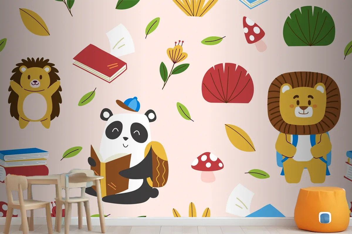 Hand Drawn Childlike Animals Pattern Wallpaper Mural