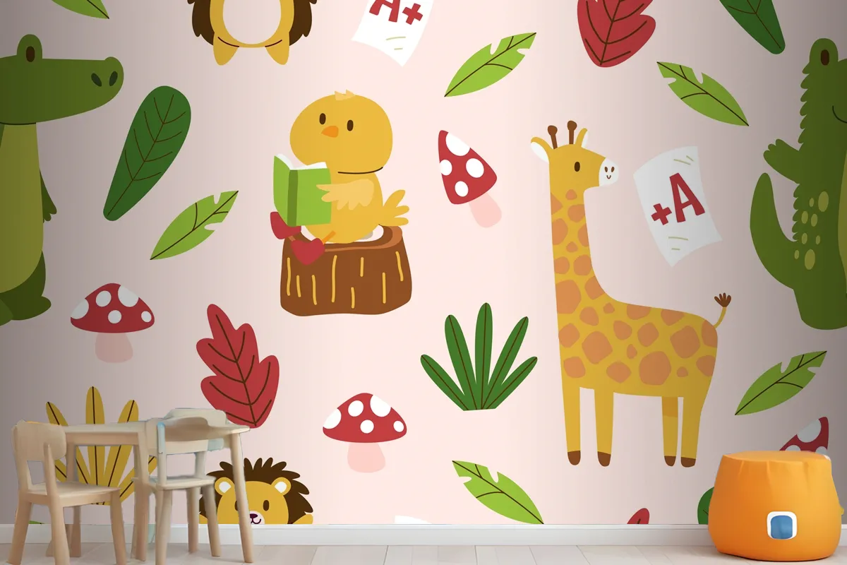 Hand Drawn Childlike Animals Pattern Wallpaper Mural