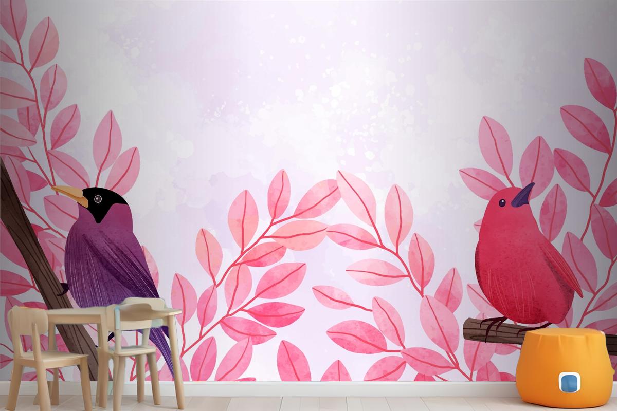 Beautiful Watercolor Of Birds Sitting On Branches Wallpaper Mural