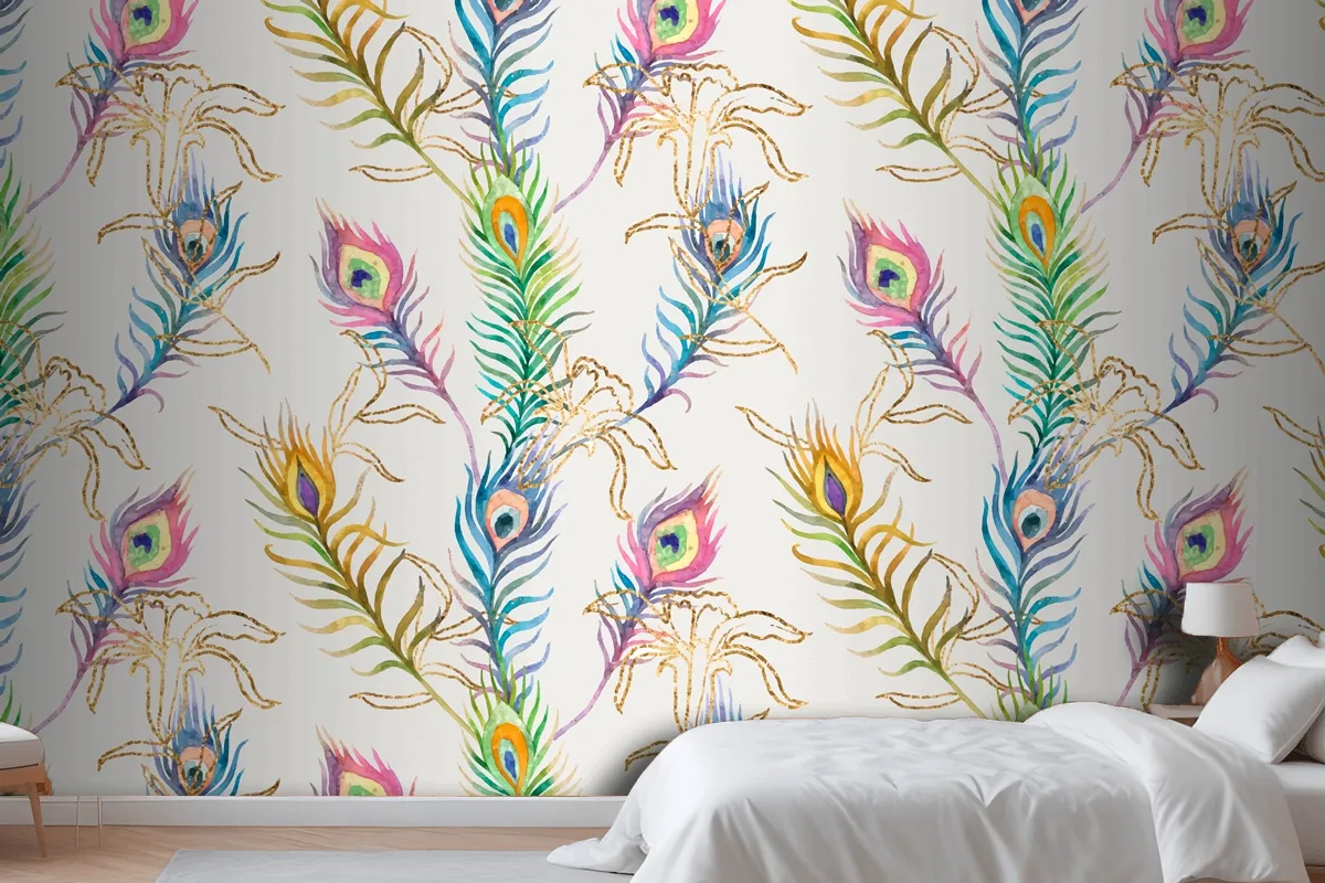 Background Of Peacock Feather Colorful Watercolor Pattern Wallpaper Mural