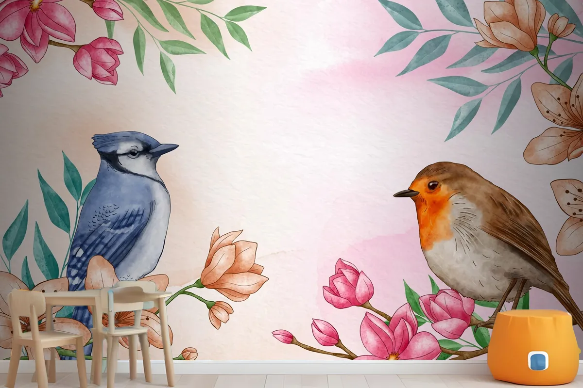 Hand Painted Watercolor Floral Birds Background Wallpaper Mural