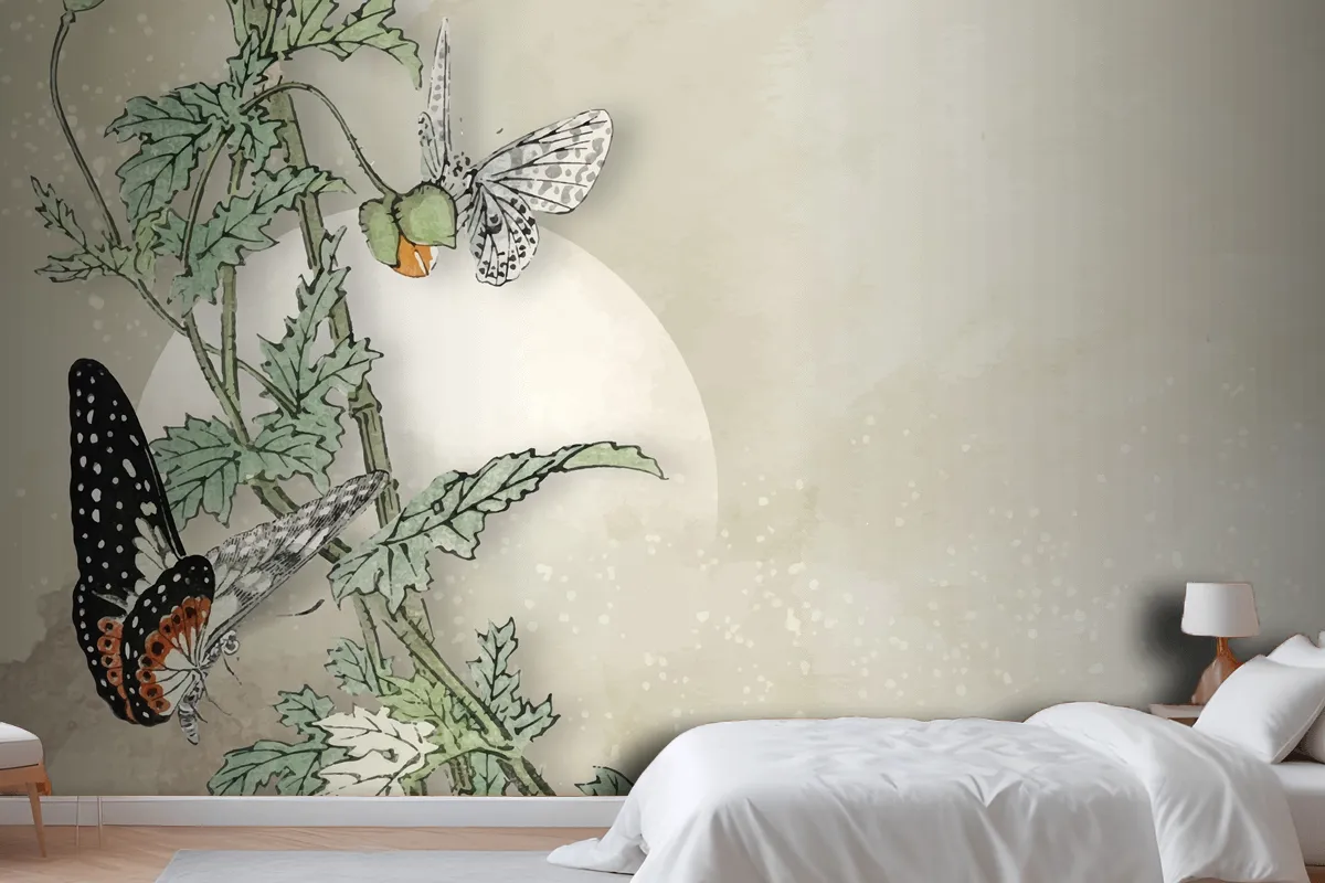 Leafy Butterfly Frame Design Wallpaper Mural